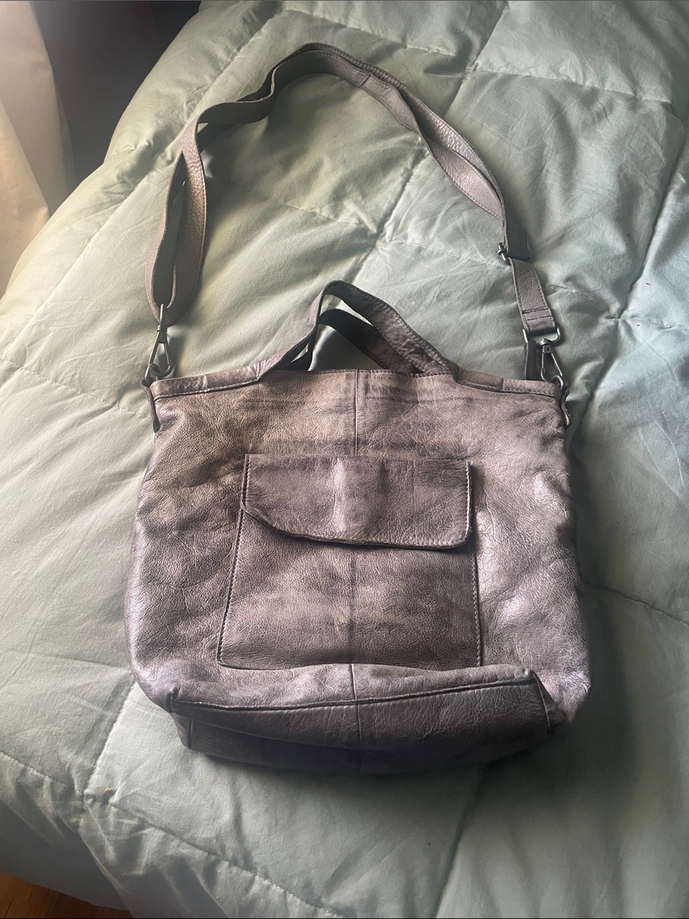 latico Metallic Gray Leather Shoulder Bag with Front Pocket